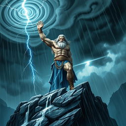 A powerful Norse god standing majestically atop a rocky cliff, with dramatic rain pouring down around him