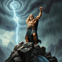 A powerful Norse god standing majestically atop a rocky cliff, with dramatic rain pouring down around him