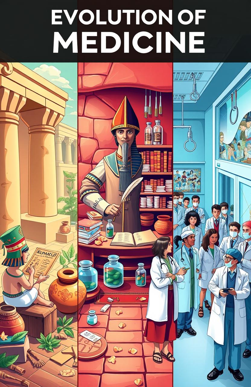 A stylized depiction of a historical scene showcasing the evolution of medicine through the ages