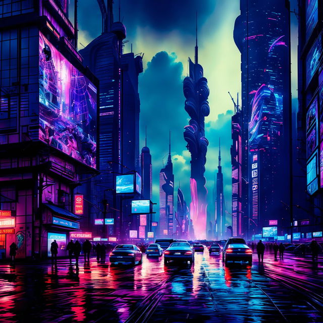 Panoramic view of a sprawling cyberpunk cityscape with neon-lit skyscrapers, hover cars, pedestrians in futuristic attire, drones, and a colossal digital billboard against a smog-filled sky.