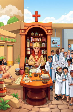 A stylized depiction of a historical scene showcasing the evolution of medicine through the ages