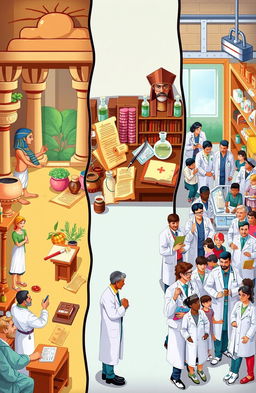 A stylized depiction of a historical scene showcasing the evolution of medicine through the ages