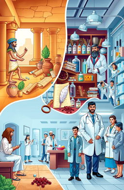 A stylized depiction of a historical scene showcasing the evolution of medicine through the ages