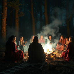 An enchanting scene of a deeply mystical ceremony around a campfire in an ancient forest