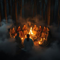 An enchanting scene of a deeply mystical ceremony around a campfire in an ancient forest
