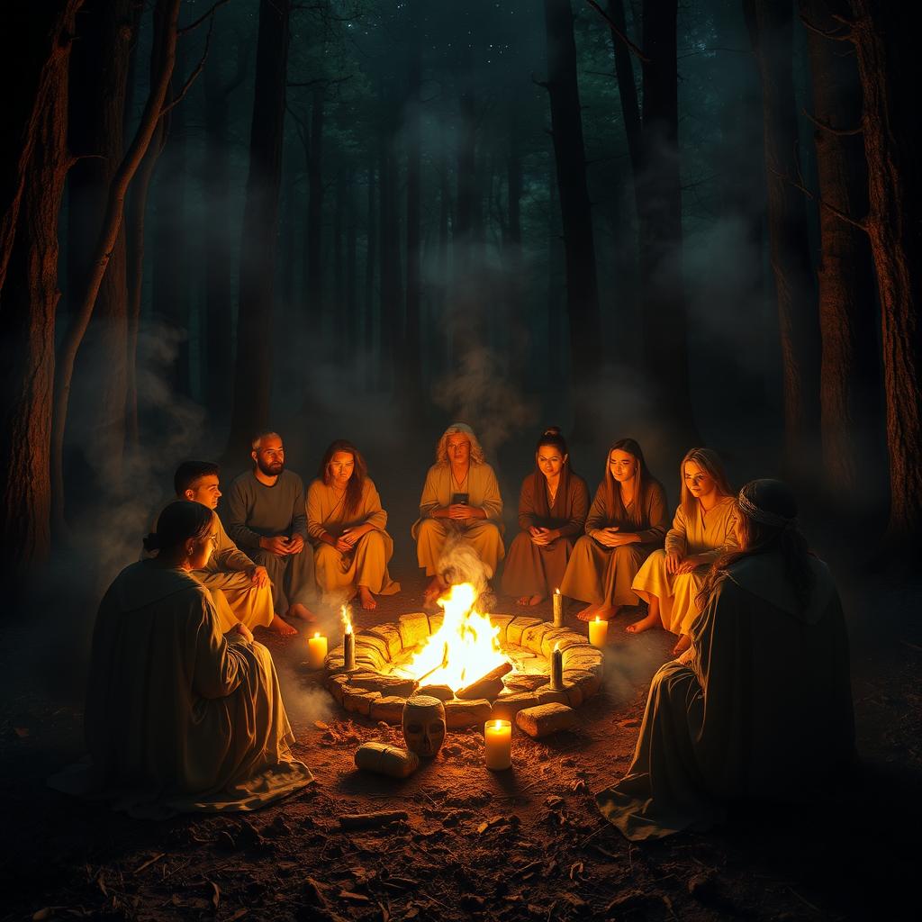 An enchanting scene of a deeply mystical ceremony around a campfire in an ancient forest