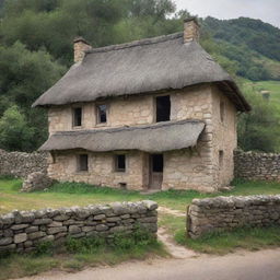 An old house from biblical times, partially broken down with weathered stone walls, a thatched roof, and cracked wooden details in a vintage, pastoral setting.