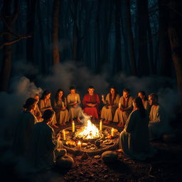 An enchanting scene of a deeply mystical ceremony around a campfire in an ancient forest