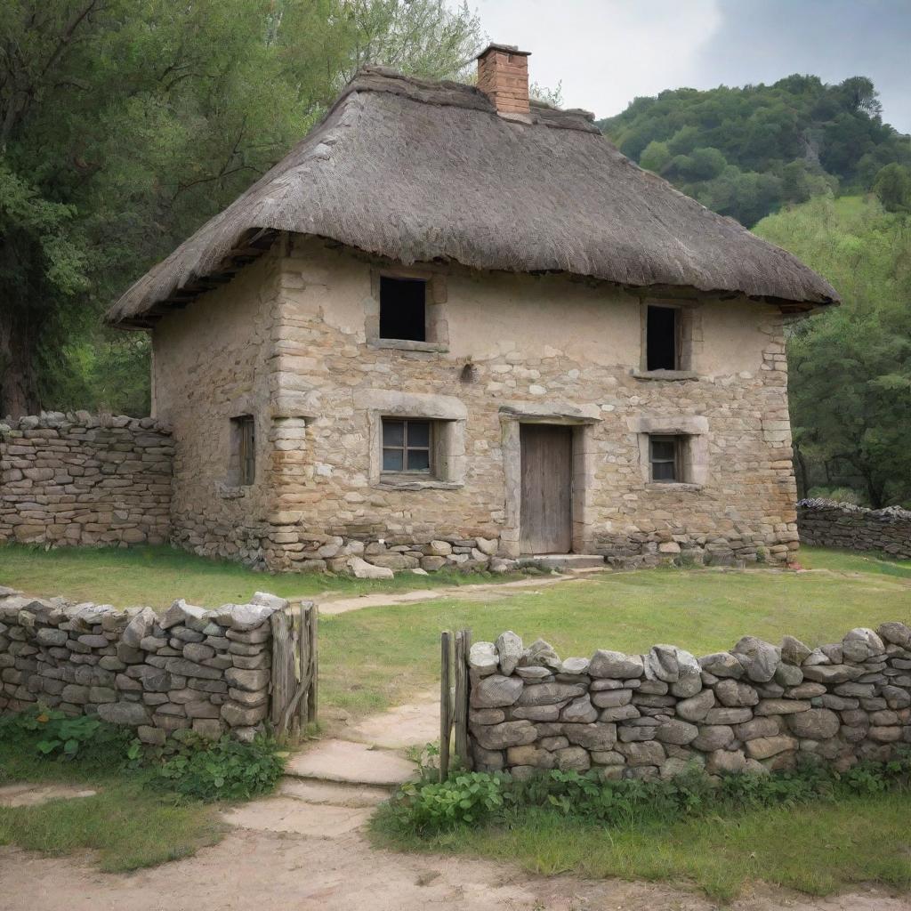 An old house from biblical times, partially broken down with weathered stone walls, a thatched roof, and cracked wooden details in a vintage, pastoral setting.