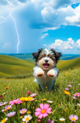A vibrant summer landscape featuring rolling green hills and a bright blue sky, with dramatic lightning striking in the distance