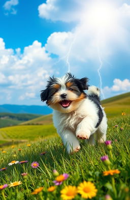 A vibrant summer landscape featuring rolling green hills and a bright blue sky, with dramatic lightning striking in the distance