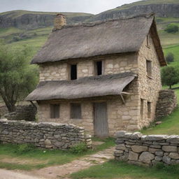 An old house from biblical times, partially broken down with weathered stone walls, a thatched roof, and cracked wooden details in a vintage, pastoral setting.