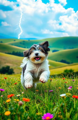 A vibrant summer landscape featuring rolling green hills and a bright blue sky, with dramatic lightning striking in the distance