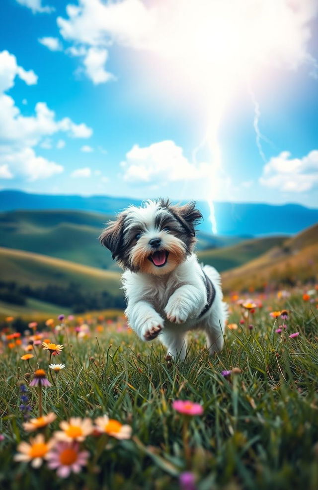 A vibrant summer landscape featuring rolling green hills and a bright blue sky, with dramatic lightning striking in the distance