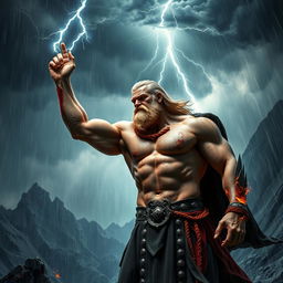 A powerful Norse god in a dramatic scene, standing amidst a torrential rainstorm