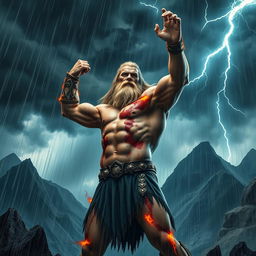 A powerful Norse god in a dramatic scene, standing amidst a torrential rainstorm