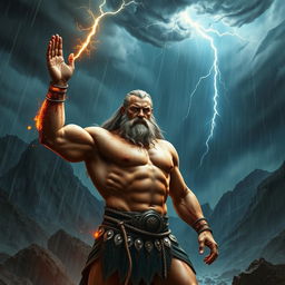 A powerful Norse god in a dramatic scene, standing amidst a torrential rainstorm