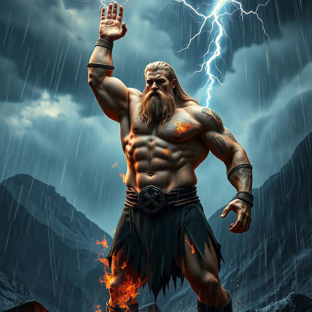 A powerful Norse god in a dramatic scene, standing amidst a torrential rainstorm