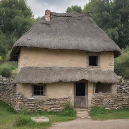 An old house from biblical times, partially broken down with weathered stone walls, a thatched roof, and cracked wooden details in a vintage, pastoral setting.