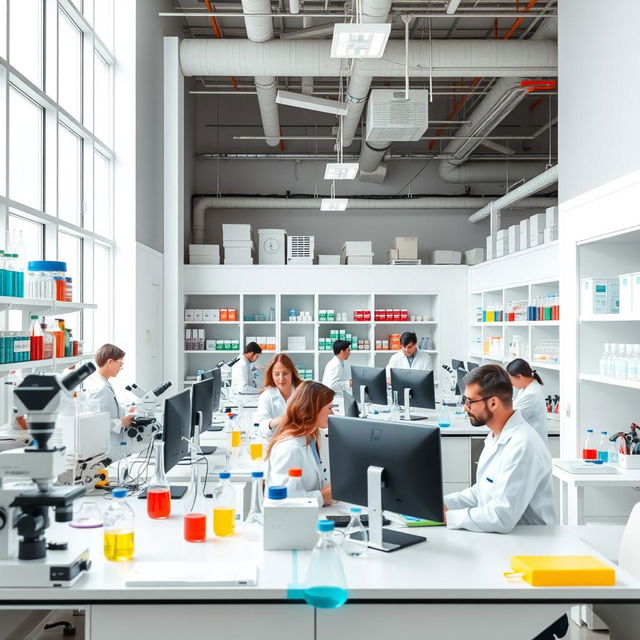 A modern science laboratory filled with advanced equipment, such as microscopes, beakers, and test tubes