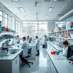 A modern science laboratory filled with advanced equipment, such as microscopes, beakers, and test tubes