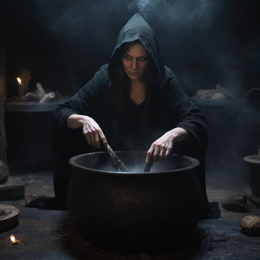 A detailed and menacing witch, engrossed in the process of concocting a spell in a large cauldron, in a dark and eerie surroundings. The scene should depict strokes of realism.