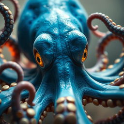 A captivating image featuring half of a massive octopus with a striking blue body and mesmerizing golden eyes