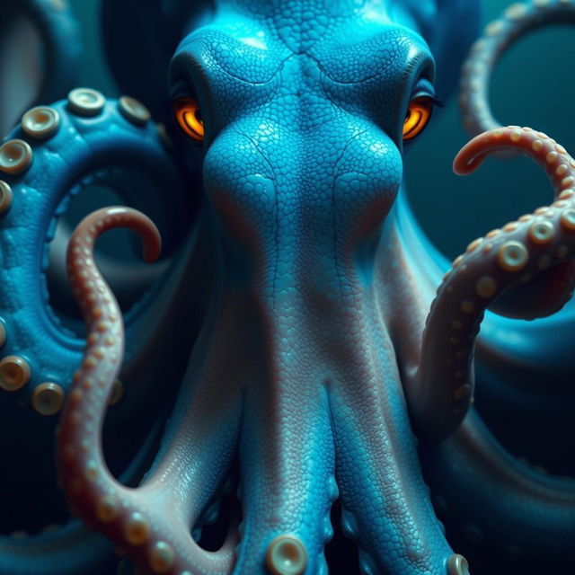 A captivating image featuring half of a massive octopus with a striking blue body and mesmerizing golden eyes