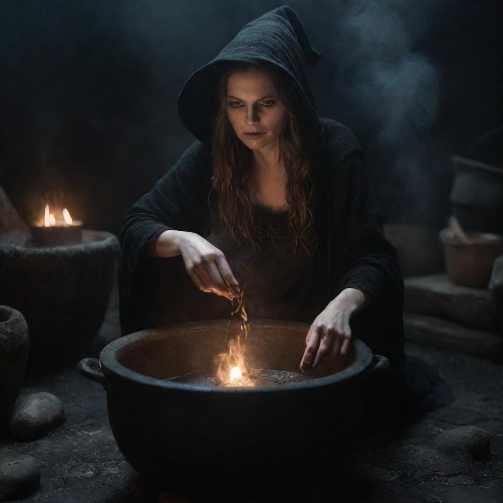 A detailed and menacing witch, engrossed in the process of concocting a spell in a large cauldron, in a dark and eerie surroundings. The scene should depict strokes of realism.