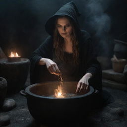 A detailed and menacing witch, engrossed in the process of concocting a spell in a large cauldron, in a dark and eerie surroundings. The scene should depict strokes of realism.