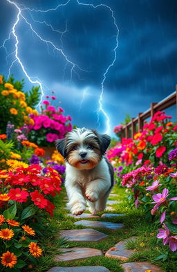 A vibrant summer garden scene illuminated by dramatic lightning in the sky, showcasing a lush array of colorful flowers, vibrant green plants, and a charming stone pathway