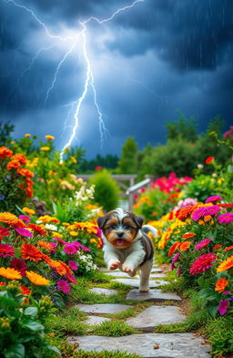 A vibrant summer garden scene illuminated by dramatic lightning in the sky, showcasing a lush array of colorful flowers, vibrant green plants, and a charming stone pathway