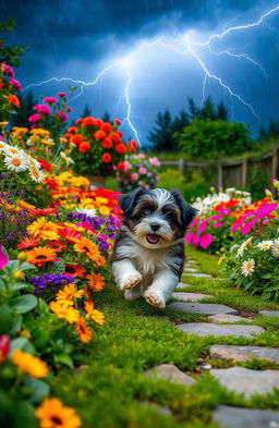 A vibrant summer garden scene illuminated by dramatic lightning in the sky, showcasing a lush array of colorful flowers, vibrant green plants, and a charming stone pathway
