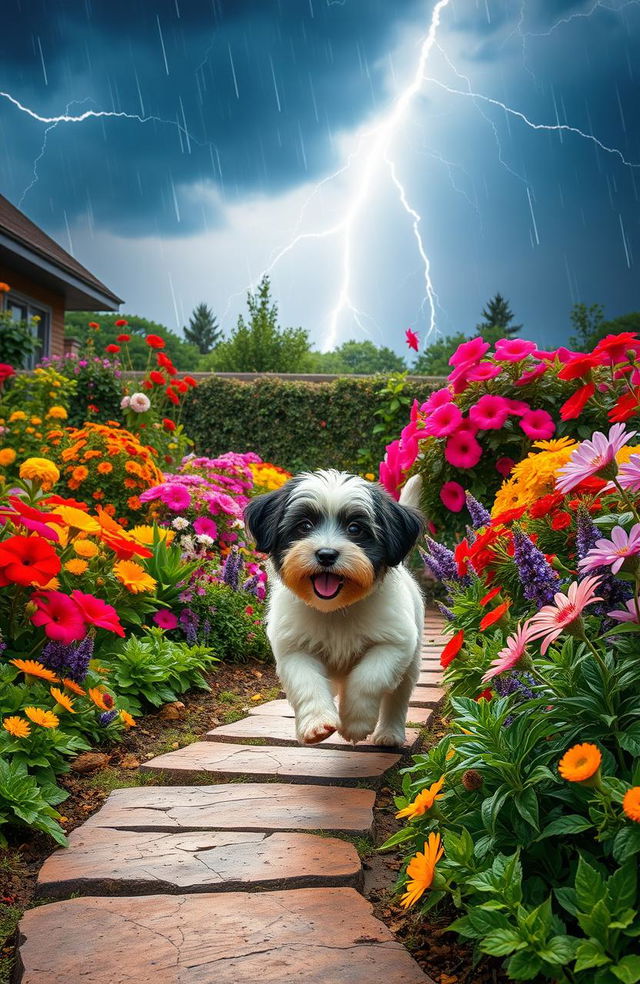 A vibrant summer garden scene illuminated by dramatic lightning in the sky, showcasing a lush array of colorful flowers, vibrant green plants, and a charming stone pathway