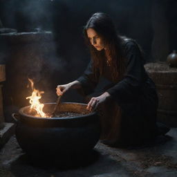 A detailed and menacing witch, engrossed in the process of concocting a spell in a large cauldron, in a dark and eerie surroundings. The scene should depict strokes of realism.