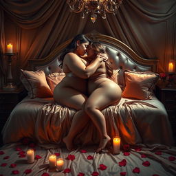 A dramatic and colorful scene featuring two voluptuous figures engaged in a passionate embrace on a luxurious silk bed