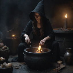 A detailed and menacing witch, engrossed in the process of concocting a spell in a large cauldron, in a dark and eerie surroundings. The scene should depict strokes of realism.