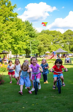 A group of children playing joyfully in a sunlit park, surrounded by green trees and colorful flowers