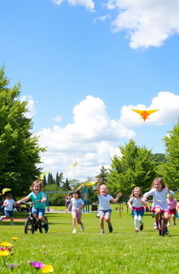 A group of children playing joyfully in a sunlit park, surrounded by green trees and colorful flowers