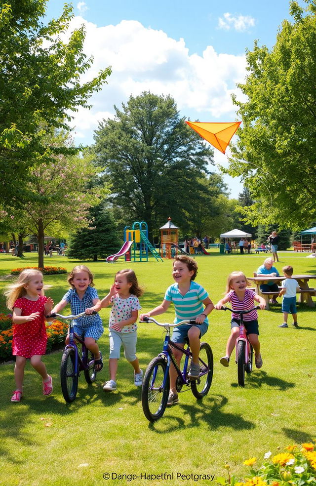 A group of children playing joyfully in a sunlit park, surrounded by green trees and colorful flowers