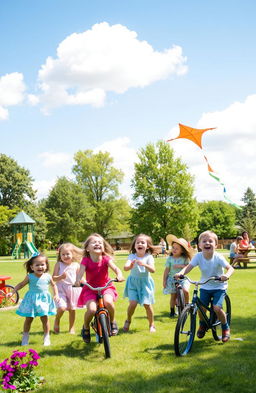 A group of children playing joyfully in a sunlit park, surrounded by green trees and colorful flowers