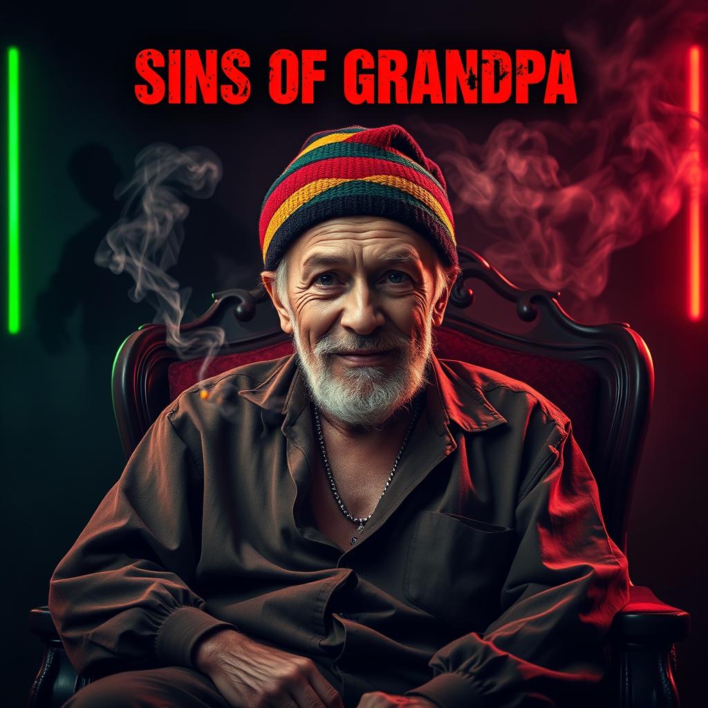 A gripping movie poster featuring an elderly man with a rugged, hard-edged appearance, draped in a colorful reggae beanie and a loose-fitting shirt
