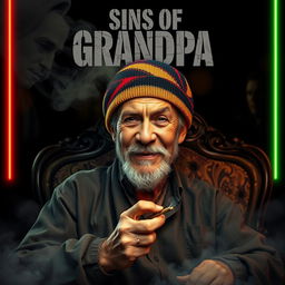 A gripping movie poster featuring an elderly man with a rugged, hard-edged appearance, draped in a colorful reggae beanie and a loose-fitting shirt
