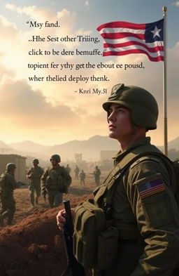 An autobiographical scene set in a military environment, depicting a soldier's journey through training, camaraderie among fellow troops, and the challenges faced during deployments