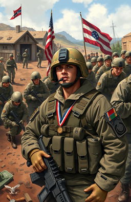 An autobiographical scene set in a military environment, depicting a soldier's journey through training, camaraderie among fellow troops, and the challenges faced during deployments