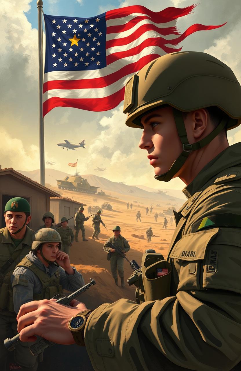 An autobiographical scene set in a military environment, depicting a soldier's journey through training, camaraderie among fellow troops, and the challenges faced during deployments