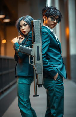 A dynamic scene featuring two characters standing confidently, each dressed in stylish outfits with coordinated color schemes, harmonizing blues and deep greens