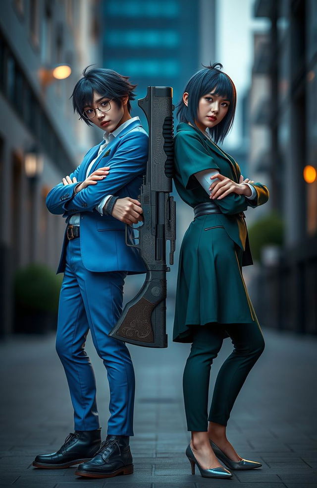 A dynamic scene featuring two characters standing confidently, each dressed in stylish outfits with coordinated color schemes, harmonizing blues and deep greens