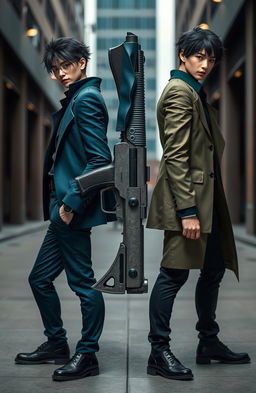 A dynamic scene featuring two characters standing confidently, each dressed in stylish outfits with coordinated color schemes, harmonizing blues and deep greens