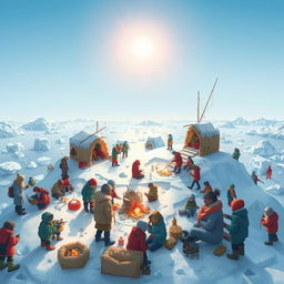 A small, icy cold island scene filled with a diverse group of people working together harmoniously, helping each other in various activities like building shelters, gathering food, and sharing warmth